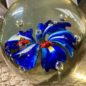 Estate Sale Vintage Blue Iris with Butterflies and Bubbles Paperweight.
